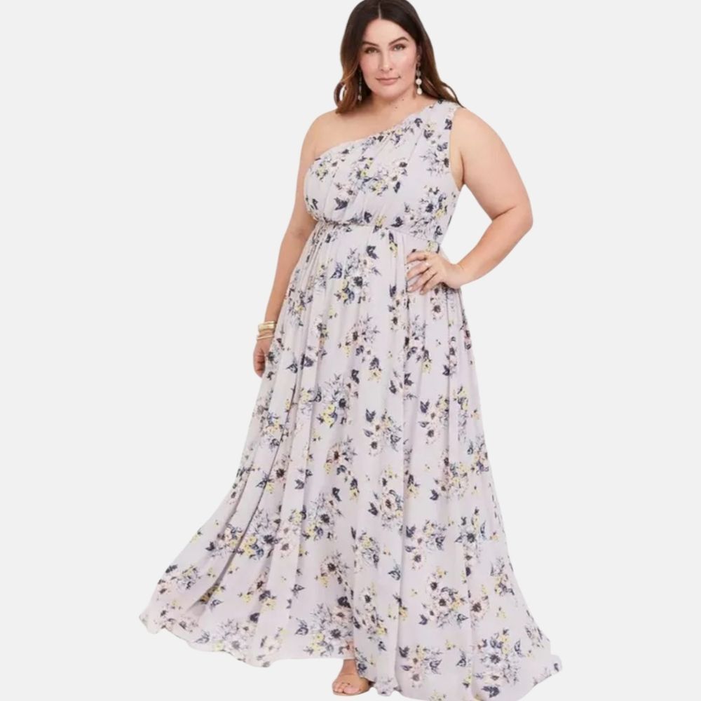 🌸 Torrid One-Shoulder Maxi Dress | Grey Floral Chiffon | Size 18 | NWT